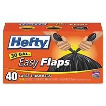 Hefty Easy Flaps 30 Gallon Trash Bag, 30 x 33, Low Density, 0.85 mil, Black, 40 Bags/Box, 6 Boxes/