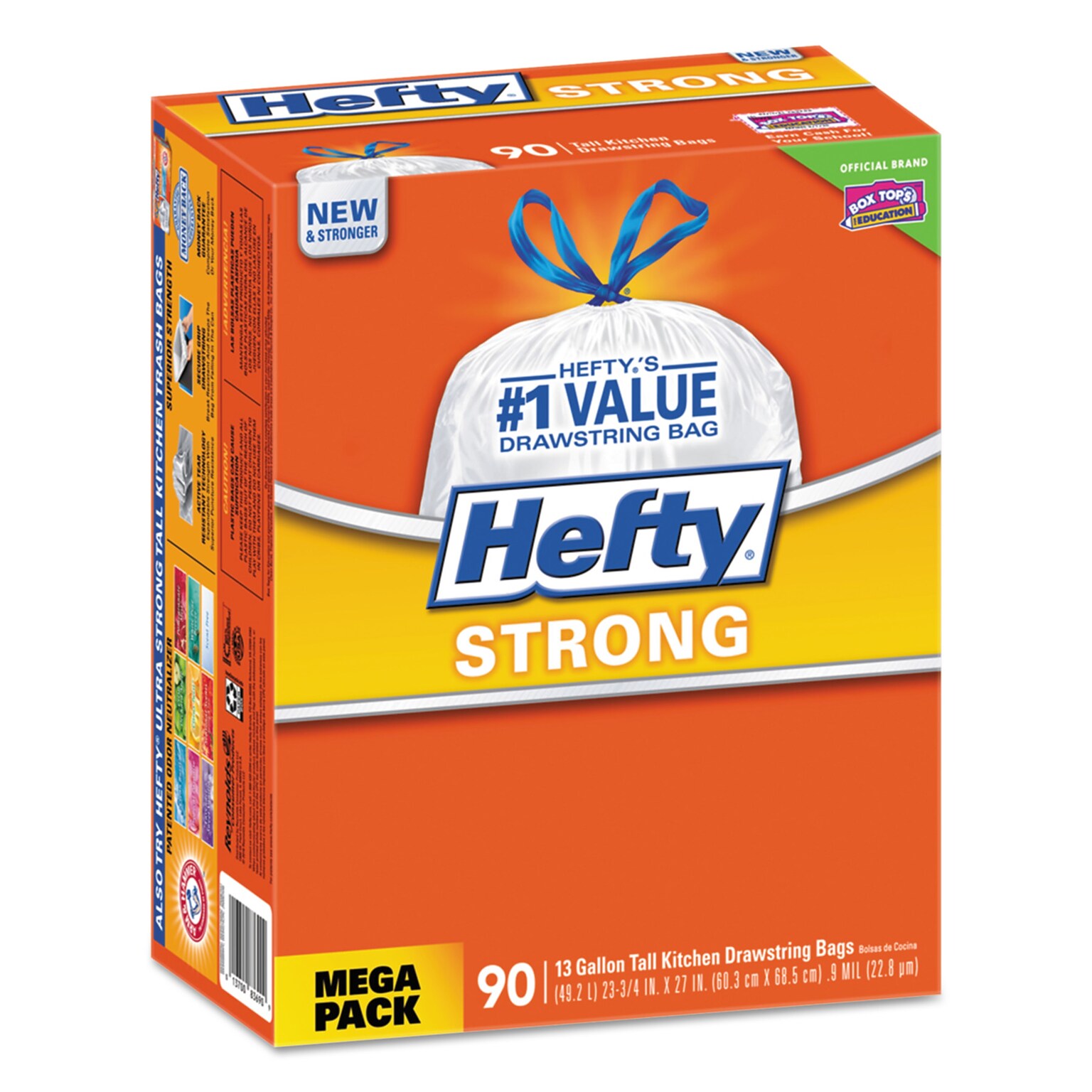 Hefty® Strong Tall Kitchen Drawstring Trash Bags, 13 Gallon, 0.9 Mil, 23.75 x 27, White, 90/Box