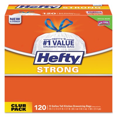 Hefty® Strong Tall Kitchen Drawstring Trash Bags, 13 Gallon, 0.9 Mil, 23.75 x 27, White, 120 Bags/