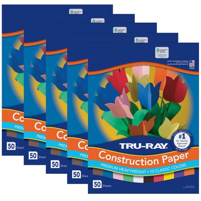 Tru-Ray 9 x 12 Construction Paper, Assorted, 50 Sheets/Pack, 5 Packs/Bundle (PAC103031-5)