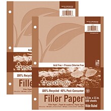 Ecology Wide Ruled Filler Paper, 8.5 x 11, 3-Hole Punched, 500 Sheets/Pack, 2/Bundle (PAC2416-2)