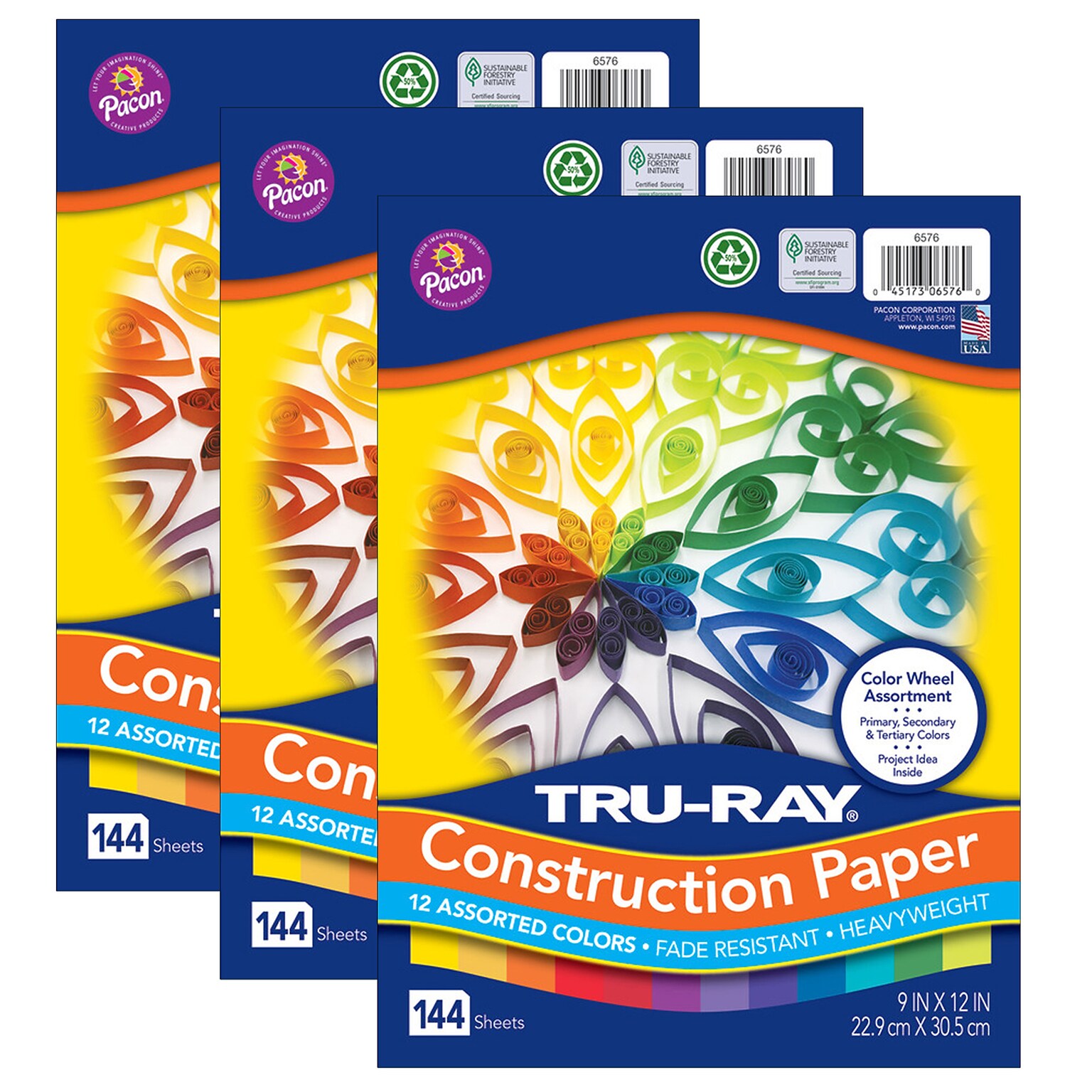 Tru-Ray Color Wheel Assortment 9 x 12 Construction Paper, Assorted, 144 Sheets/Pack, 3 Packs/Bundle (PAC6576-3)