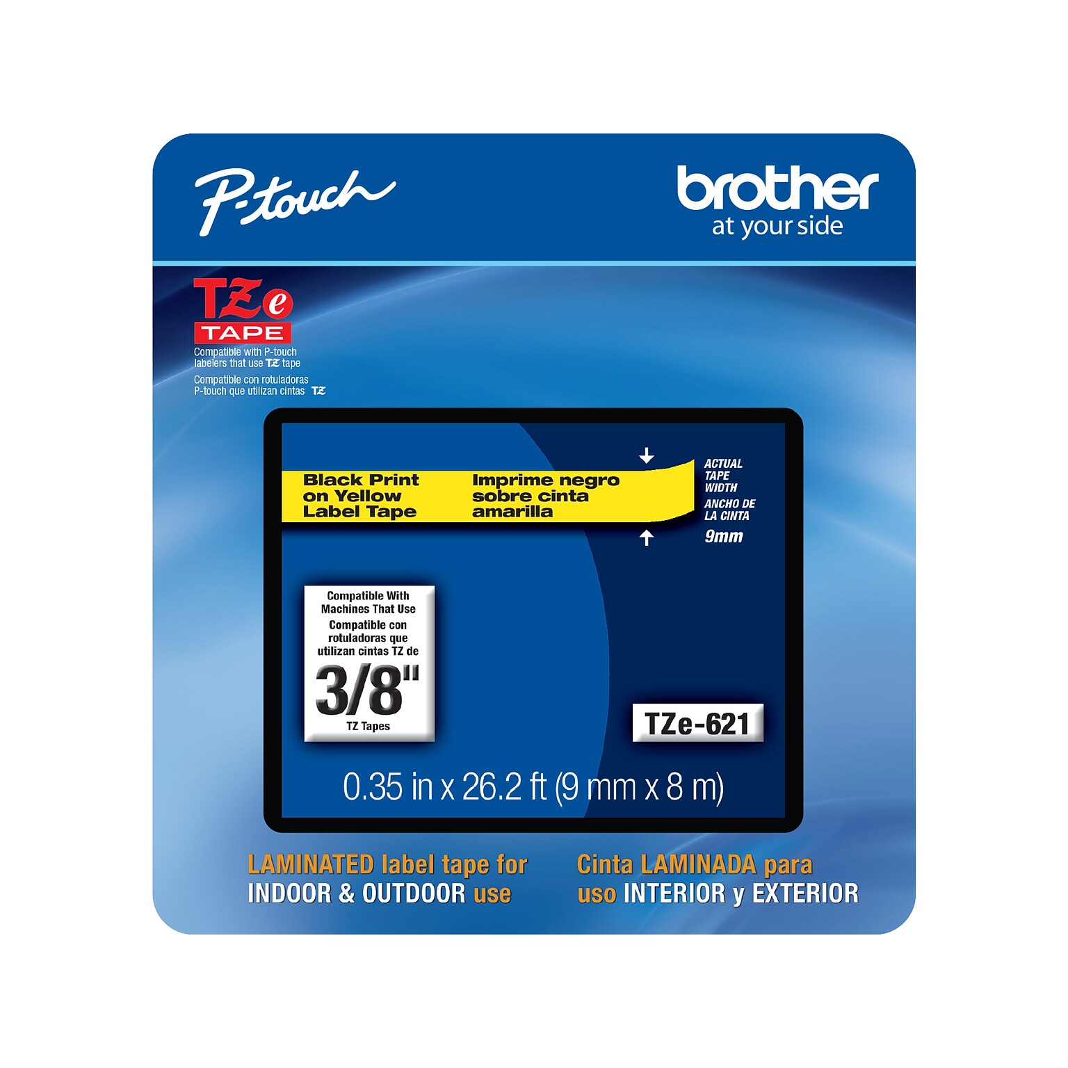 Brother P-touch TZe-621 Label Maker Tape, 0.35W, Yellow/Black