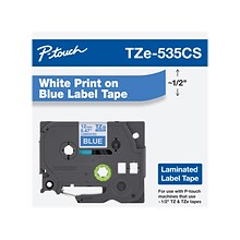 Brother P-touch TZe-535CS Laminated Label Maker Tape, 1/2 x 26-2/10, White on Blue (TZe-535CS)