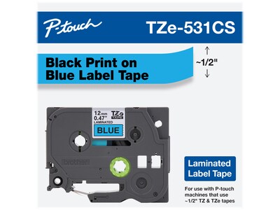 Brother P-touch TZe-531CS Laminated Label Maker Tape, 1/2 x 26-2/10, Black on Blue (TZe-531CS)