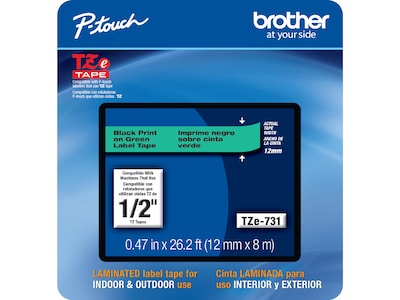 Brother P-touch TZe-731CS Laminated Label Maker Tape, 1/2 x 26-2/10, Black on Green (TZe-731CS)