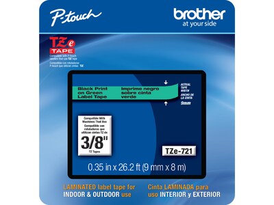 Brother P-touch TZe-721CS Laminated Label Maker Tape, 3/8 x 26-2/10, Black on Green (TZe-721CS)