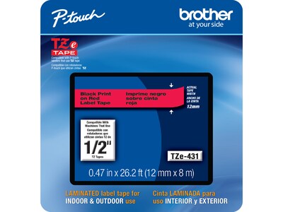 Brother P-touch TZe-431CS Laminated Label Maker Tape, 1/2 x 26-2/10, Black on Red (TZe-431CS)