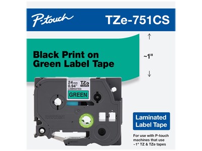 Brother P-touch TZe-751CS Laminated Label Maker Tape, 1 x 26-2/10, Black on Green (TZe-751CS)
