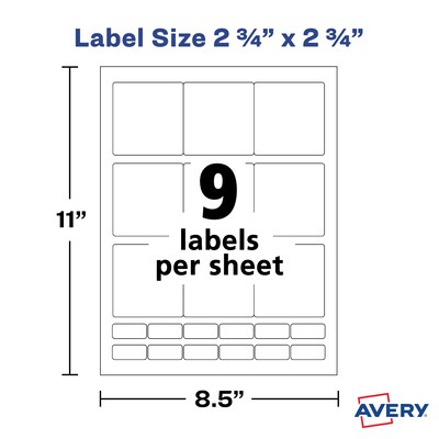 Avery Laser/Inkjet Media Labels, 2-3/4" x 2-3/4", White, 9 Labels/Sheet, 70 Sheets/Box (5196)