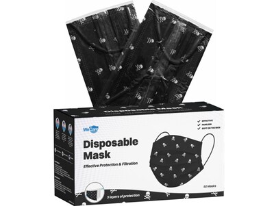 WeCare 3-ply Disposable Face Mask, Individually Wrapped, Adult, Black Skull Bones, 50/Box (WMN100096