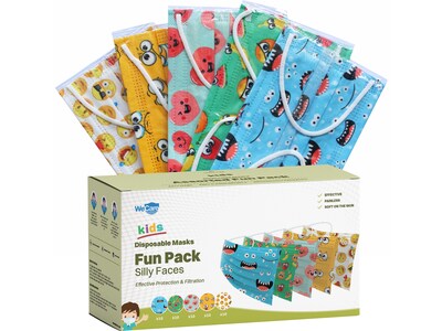 WeCare 3-ply Disposable Face Masks, Kids, Assorted Silly Face Designs, 50/Box (WMN100098)