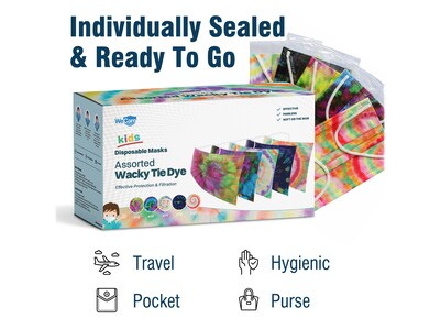WeCare 3-ply Disposable Face Masks, Kids, Assorted Wacky Tie-Dye Designs, 50/Box (WMN100093)