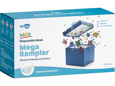 WeCare 3-ply Disposable Face Masks, Mega Sampler, Kids, Assorted Colors, 50/Box (WMN100103)