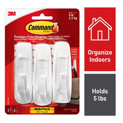 Command Large Utility Hooks, White, Damage Free Hanging of Dorm Room Decorations, 3 Command Hooks, 6 Command Strips (17003-3ES)