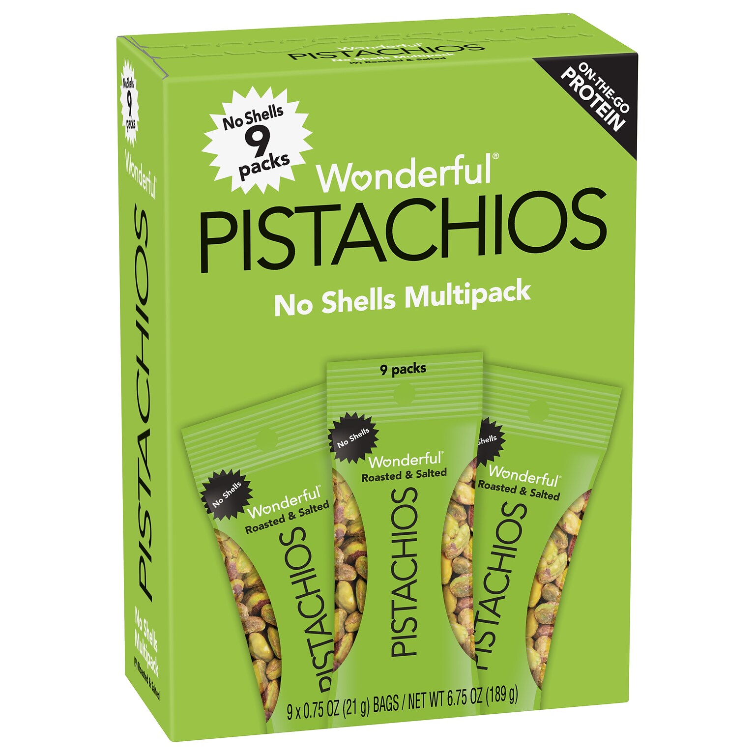 Wonderful Pistachios Roasted & Salted, No Shells, 0.75 oz., 9 Bags/Box, 4 Boxes/Carton (PAR91100)