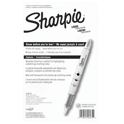 Sharpie Liquid Highlighter, Chisel Tip, Assorted, 5/Pack (24575PP)