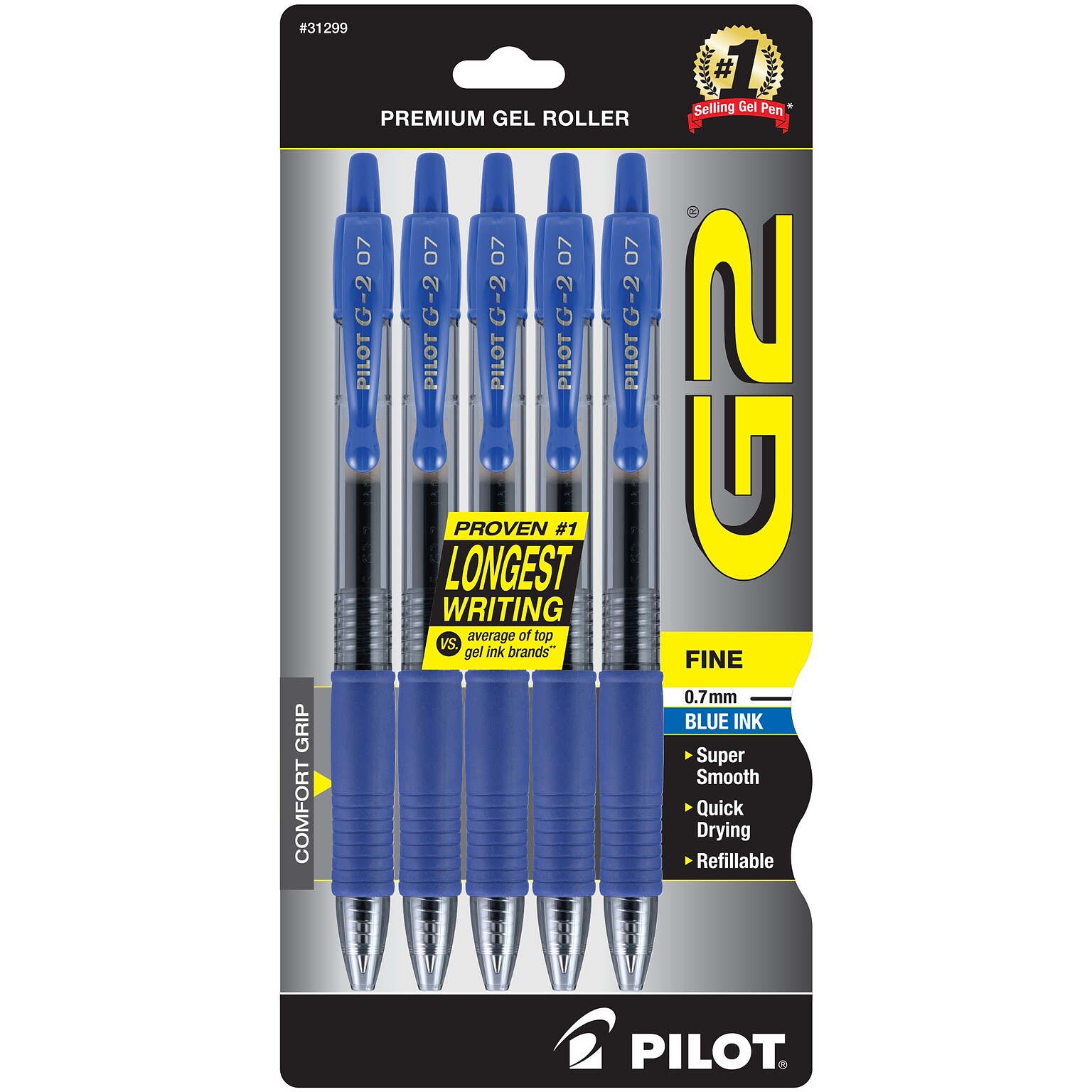 Pilot G2 Retractable Gel Pens, Fine Point, Blue Ink, 5/Pack (31299)