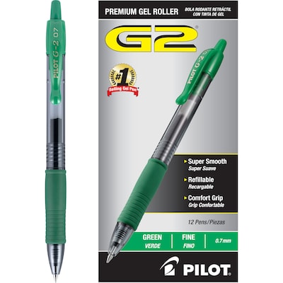 Pilot G2 Retractable Gel Pens, Fine Point, Green Ink, Dozen (31025)