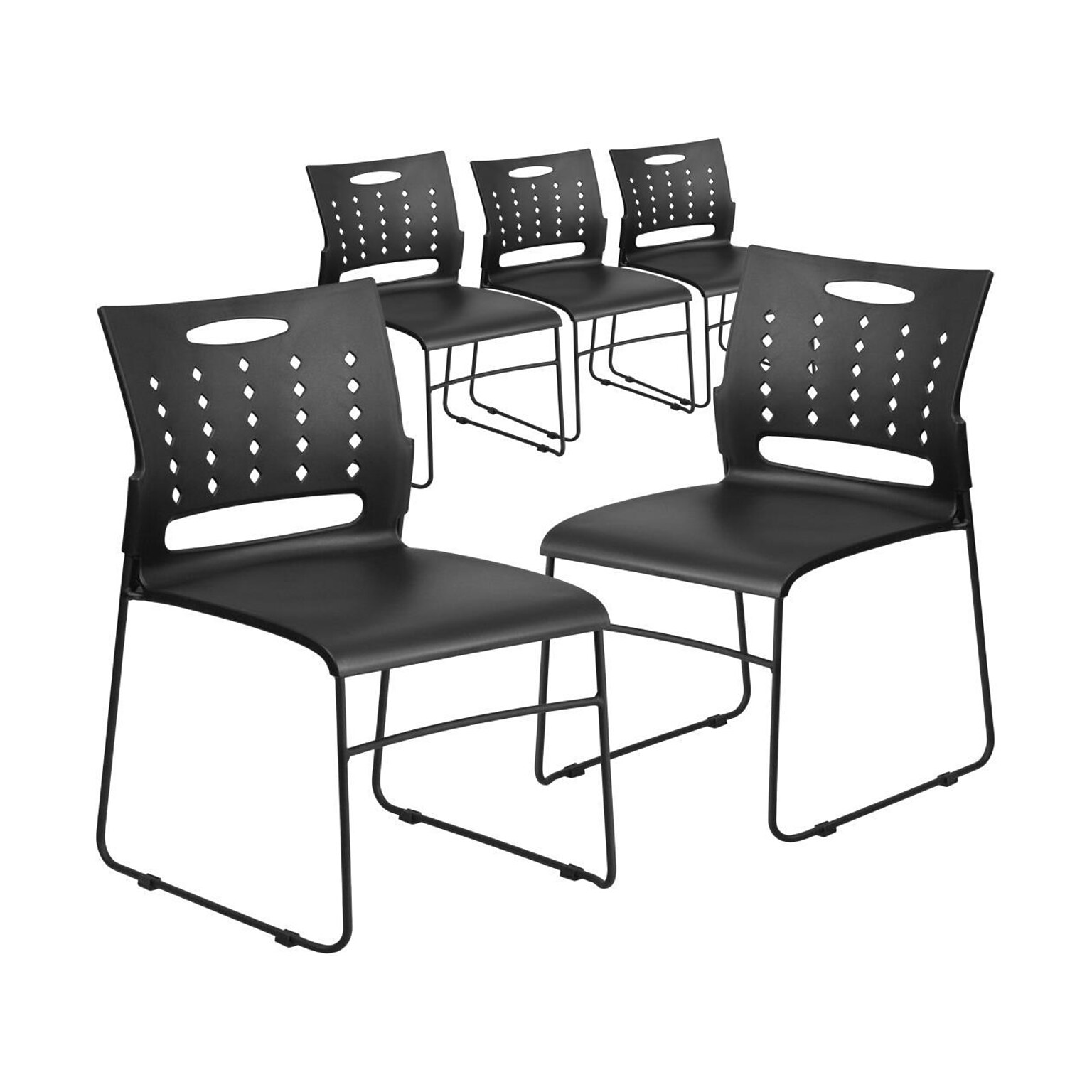 Flash Furniture HERCULES Series Plastic Sled Base Stack Chair with Air-Vent Back, Black, 5 Pack (5RUT2BK)