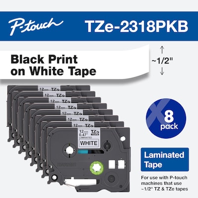 Brother P-touch TZe-231 Laminated Label Maker Tape, 1/2 x 26-2/10, Black on White, 8/Pack (TZe-231