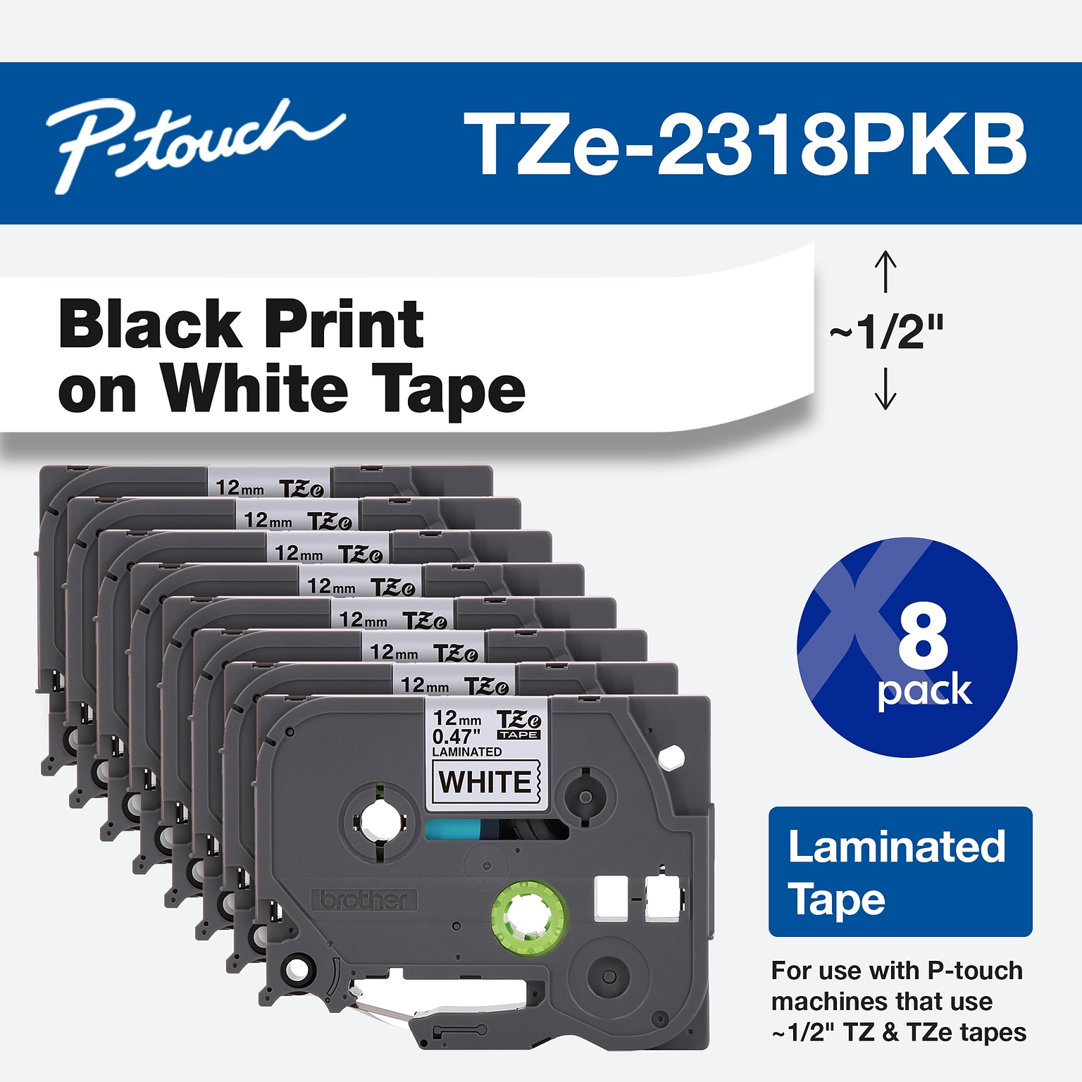 Brother P-touch TZe-231 Laminated Label Maker Tape, 1/2 x 26-2/10, Black on White, 8/Pack (TZe-2318PKB)