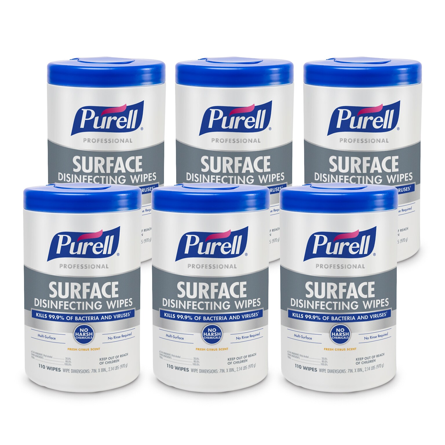 PURELL Professional Disinfecting Wipes, Fresh Citrus Scent, 110 Wipes/Container, 6/Carton (9342-06)