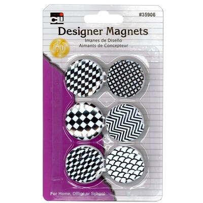 Charles Leonard Designer Button Style Magnets, Super Strong - Assorted Black & White Designs, 6 Per