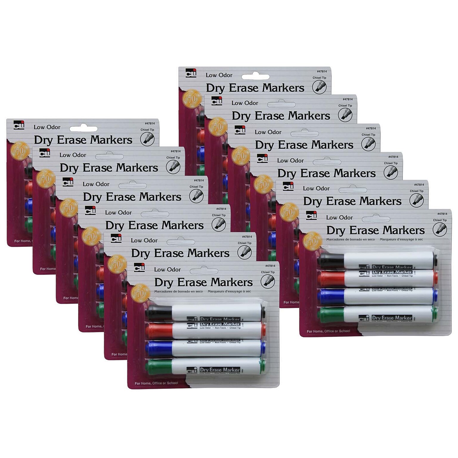 Charles Leonard Barrel Style Low Odor Dry Erase Markers, Chisel Tip, Assorted Colors, 4 Per Pack, 12 Packs (CHL47814-12)
