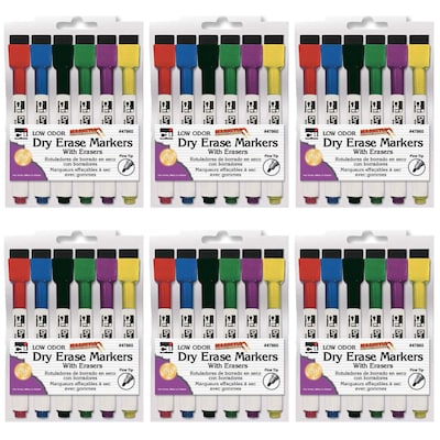 Charles Leonard Magnetic Dry Erase Markers with Erasers, Fine Tip, Assorted Colors, 6 Per Pack, 6 Packs (CHL47860-6)