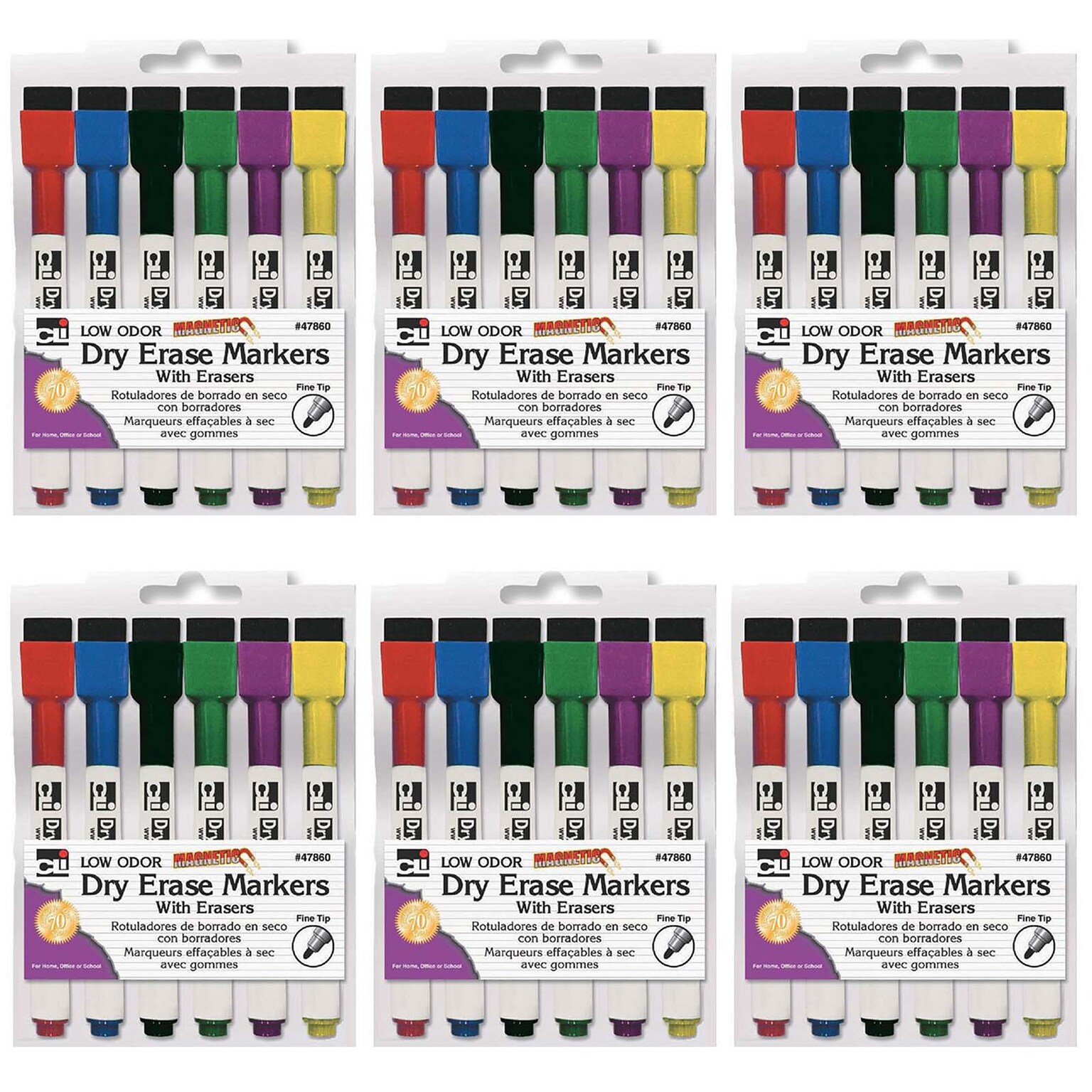 Charles Leonard Magnetic Dry Erase Markers with Erasers, Fine Tip, Assorted Colors, 6 Per Pack, 6 Packs (CHL47860-6)