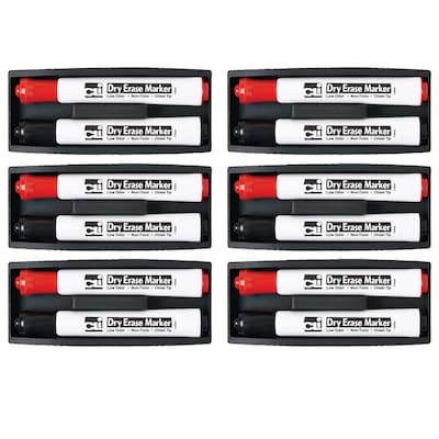 Charles Leonard Dry Erase Magnetic Whiteboard Eraser with 2 Dry Erase Markers, Red/Black, Pack of 6
