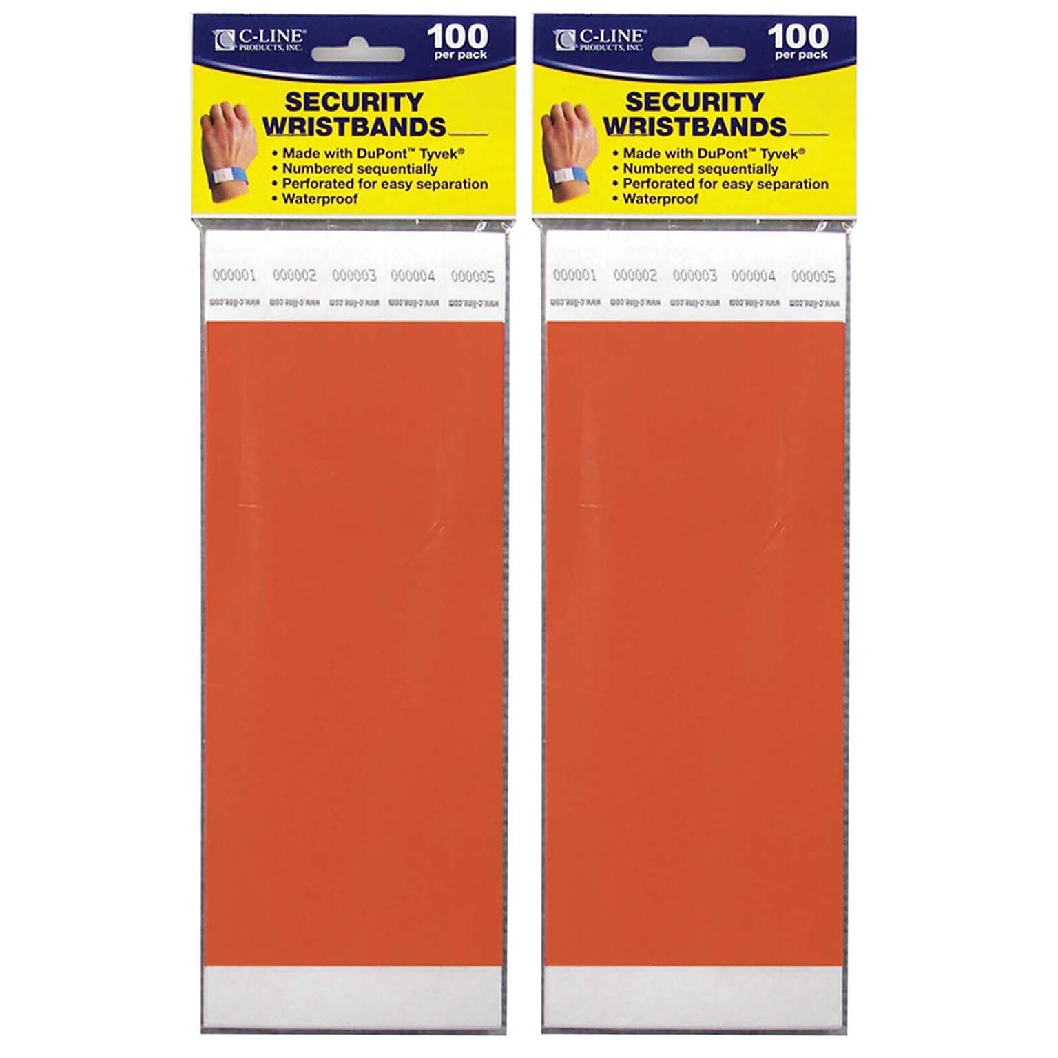 C-Line DuPont Tyvek Security Wristbands, Orange, 100 Per Pack, 2/Pack (CLI89102-2)