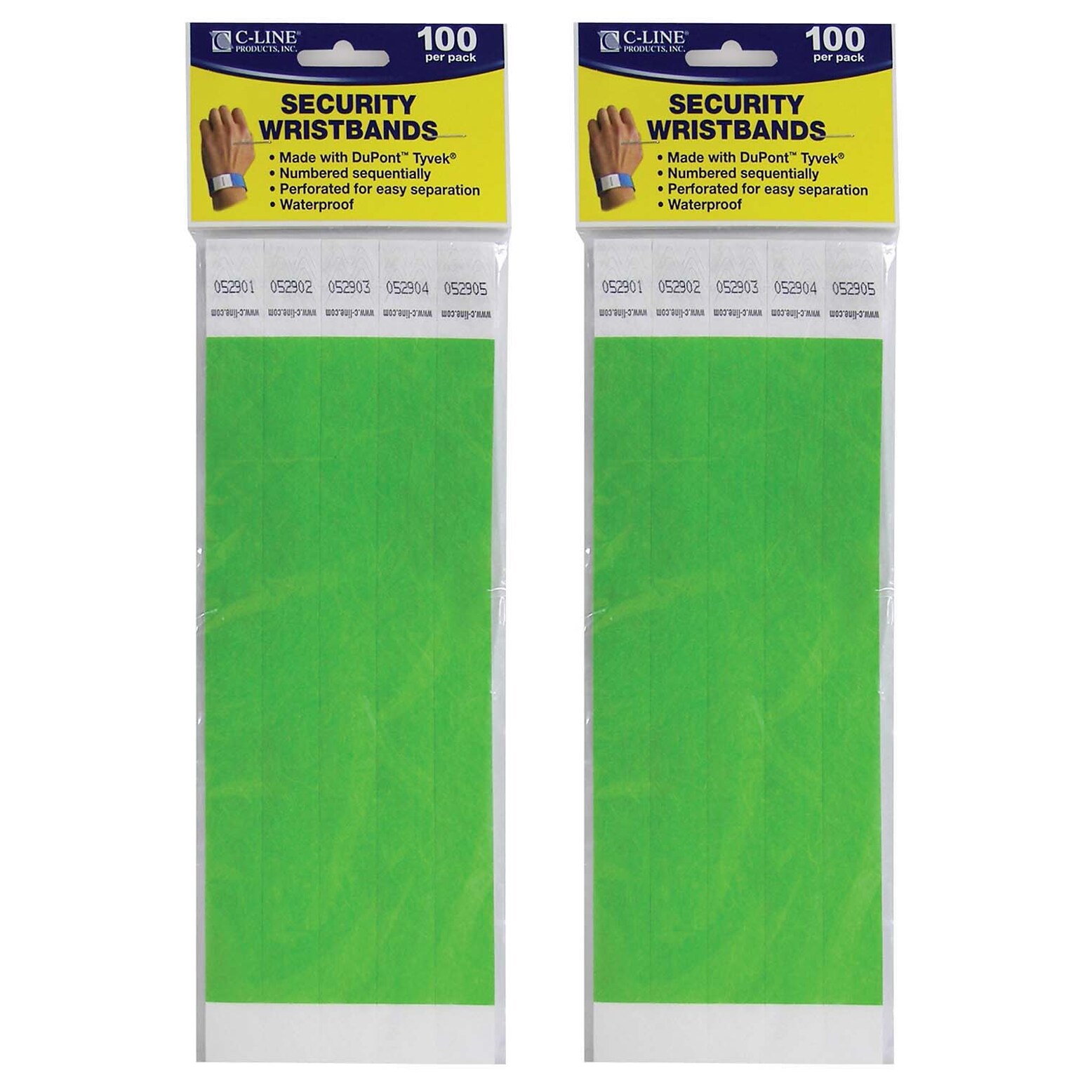 C-Line DuPont Tyvek Security Wristbands, Green, 100 Per Pack, 2/Pack (CLI89103-2)