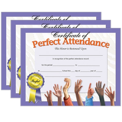 Hayes Publishing Certificate of Perfect Attendance, 30 Per Pack, 3 Packs (H-VA613-3)