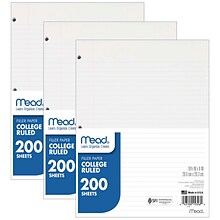 Mead College Ruled Filler Paper, 8 x 10.5, 3-Hole Punched, 200 Sheets/Pack, 3/Bundle (MEA15326-3)