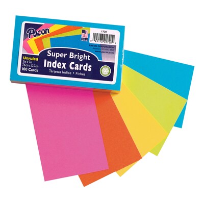 Pacon® 3" x 5" Index Cards, Blank, Bright Assorted Colors, 100/Pack, 6 Packs/Bundle (PAC1720-6)