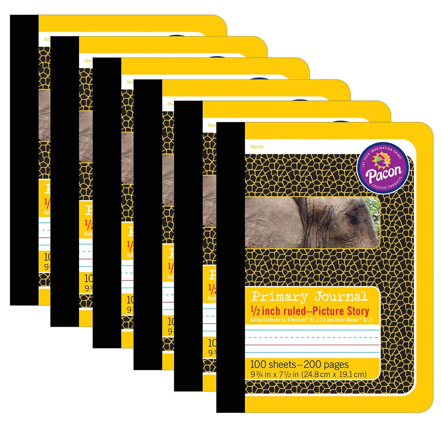 Pacon® Primary Journal, 9.75 x 7.5, .5 Ruled Picture Story, 100 Sheets, Yellow Elephant Cover, Pack of 6 (PAC2426-6)