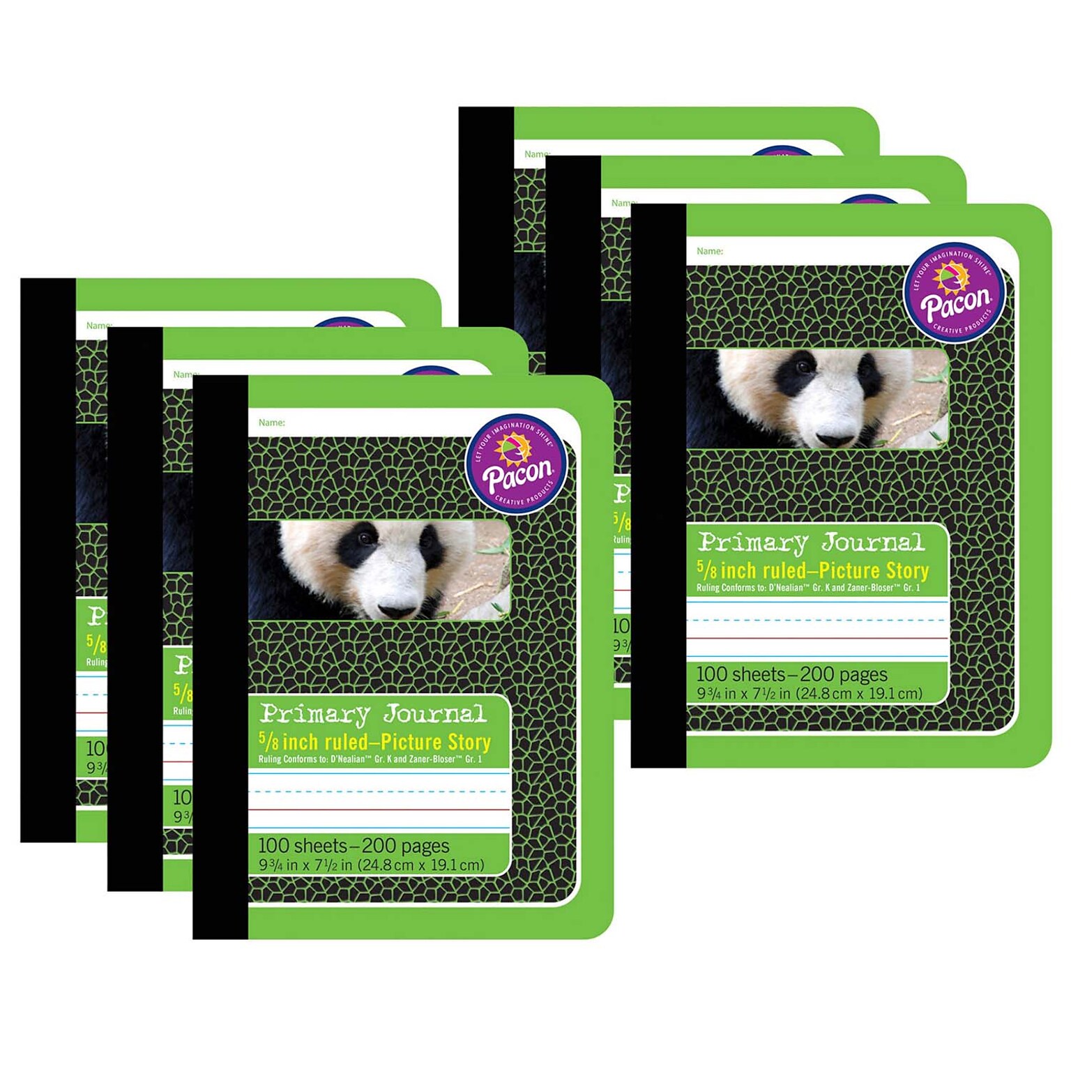 Pacon® Primary Journal, 9.75 x 7.5, .625 Ruled Picture Story, 100 Sheets, Green Panda Cover, Pack of 6 (PAC2428-6)