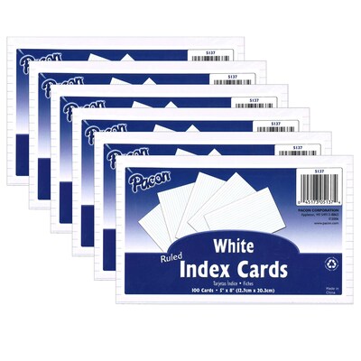 Pacon 5" x 8" Index Cards, Lined, White, 100/Pack, 6 Packs/Bundle (PAC5137-6)