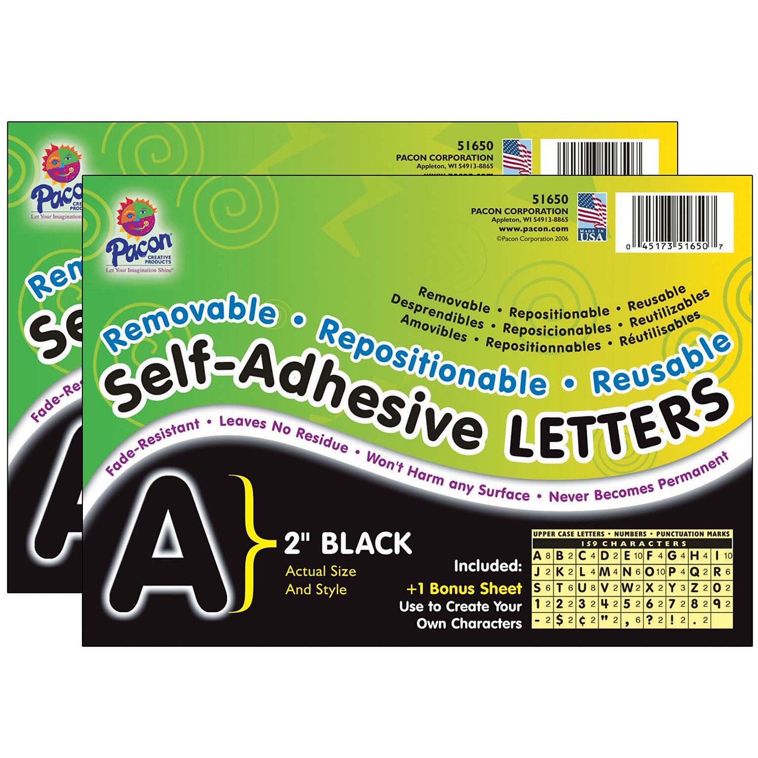 Pacon® 2 Self-Adhesive Letters, Puffy Font, Black, 159 Characters Per Pack, 2 Packs (PAC51650-2)