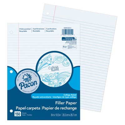 Pacon College Ruled Filler Paper, 8 x 10.5, White, 150 Sheets/Pack, 6 Packs (PACMMK09251-6)