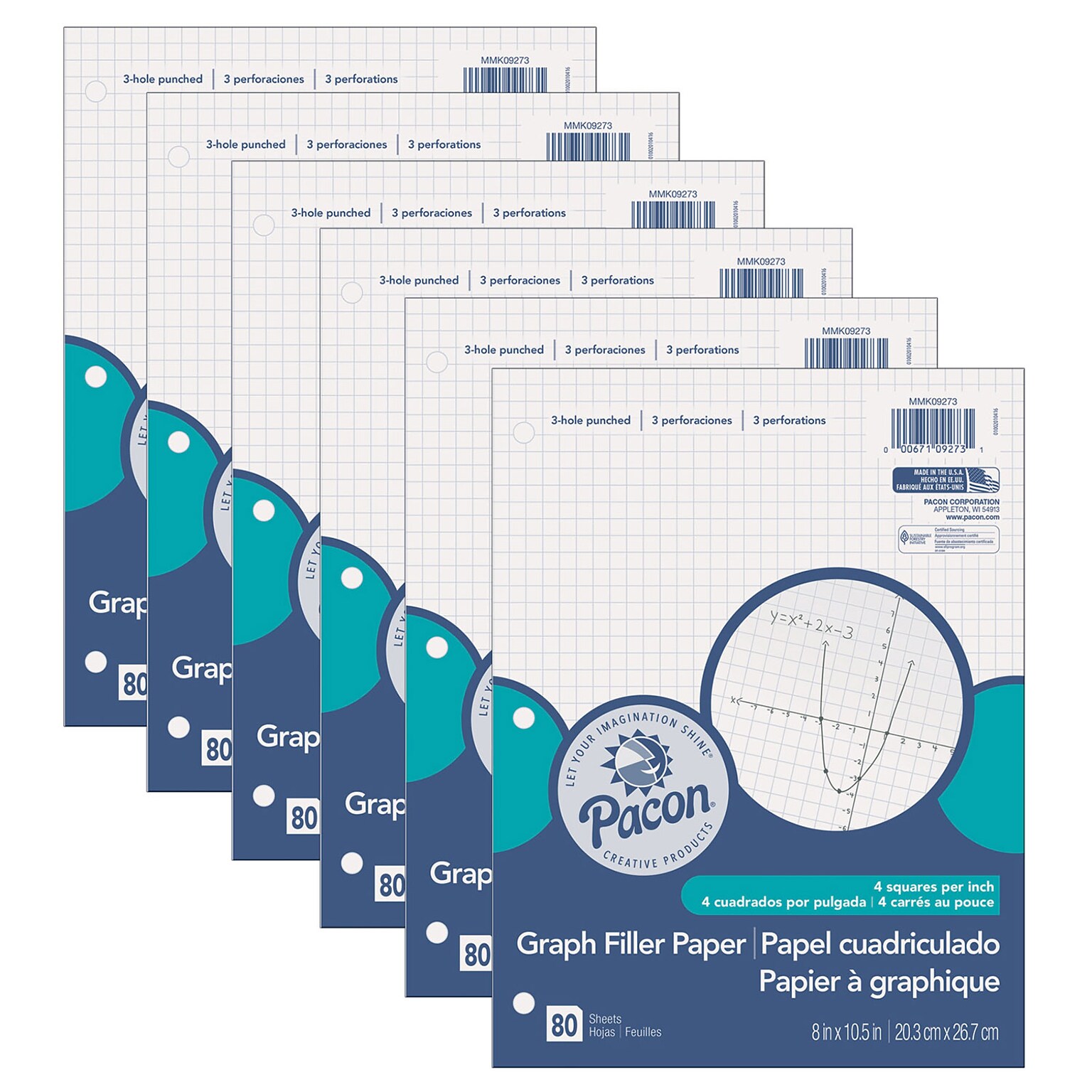 Pacon Graph Paper, 8 x 10.5, 3-Hole Punched, 80 Sheets/Pack, 6/Bundle (PACMMK09273-6)