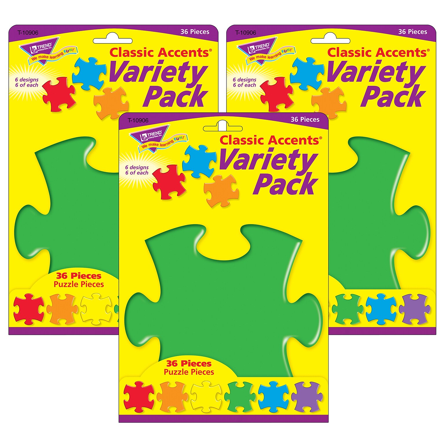 TREND Puzzle Pieces Classic Accents Variety Pack, 36 Per Pack, 6 Packs (T-10906-3)