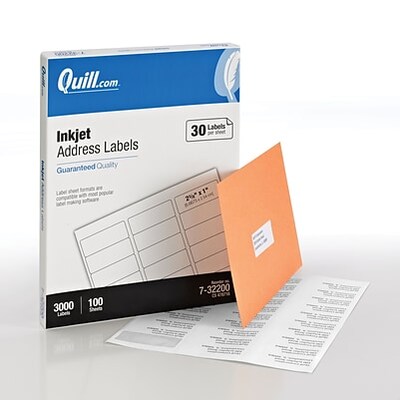 Quill Brand® Inkjet Address Labels, 1 x 2-5/8, White, 30 Labels/Sheet, 100 Sheets/Box (Comparable to Avery 8460)