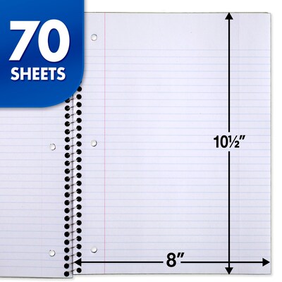 Mead 1 Subject Spiral Notebook, 10 1/2" x 7 1/2", College Ruled, 70 Sheets, Assorted Colors, 6/Pack