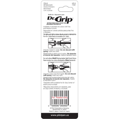 Pilot Dr. Grip Retractable Ballpoint Pen Refill, Medium Tip, Black Ink, 2/Pack (77227)
