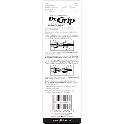 Pilot Dr. Grip Retractable Ballpoint Pen Refill, Fine Tip, Black Ink, 2/Pack (77210)