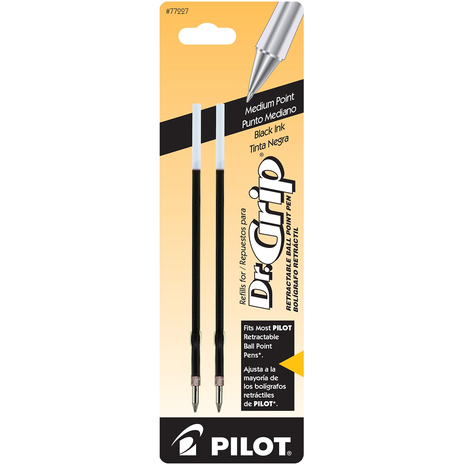 Pilot Dr. Grip Retractable Ballpoint Pen Refill, Medium Tip, Black Ink, 2/Pack (77227)