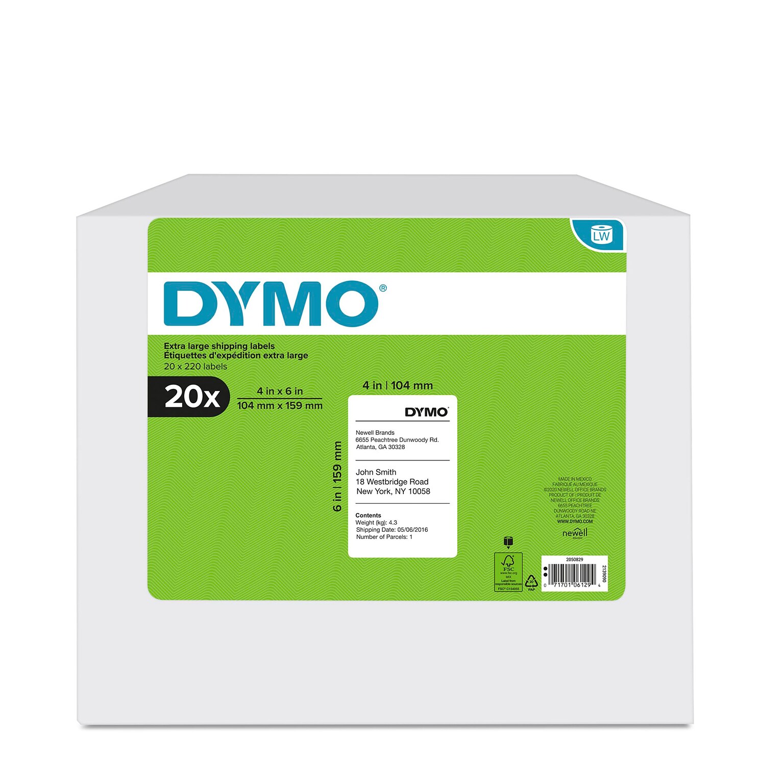 DYMO LabelWriter 2050829 Extra Large Shipping Labels, 4 x 6, Black on White, 220 Labels/Roll, 20 Rolls/Box (2050829)
